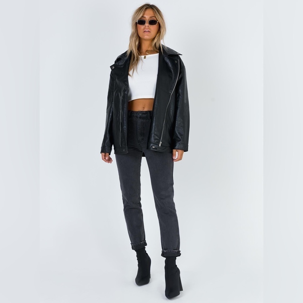 Princess Polly Next In Line Faux Leather Biker Jacket Black Moto Oversized S/M - Picture 2 of 11